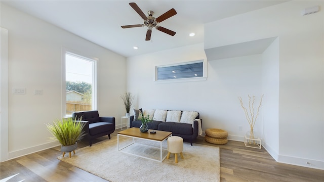 9628 Habitat St, Houston, TX 77075 - living area featuring ceiling fan, baseboards, wood finished floors, and recessed lighting