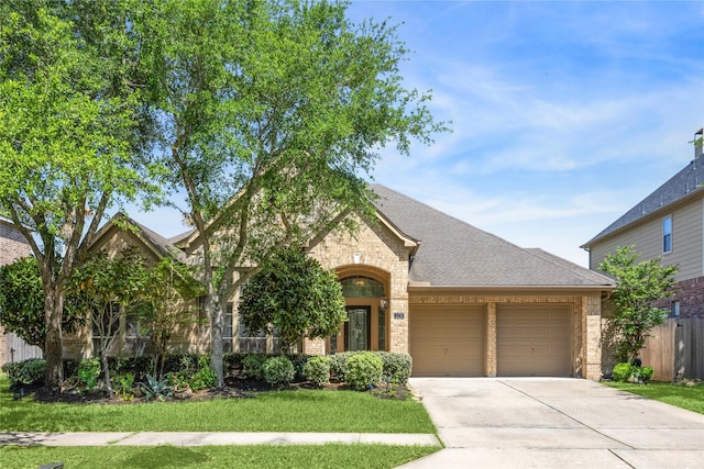 2230 Dali Ln, Missouri City, TX 77459 - view of front of house with roof with shingles, a front yard, brick siding, a garage, and concrete driveway
