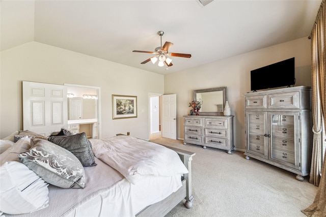 2230 Dali Ln, Missouri City, TX 77459 - bedroom featuring ensuite bath, a ceiling fan, light colored carpet, and lofted ceiling