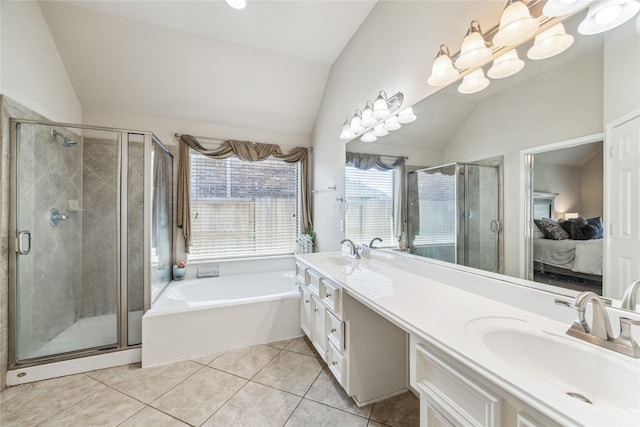 2230 Dali Ln, Missouri City, TX 77459 - ensuite bathroom with ensuite bathroom, a sink, vaulted ceiling, tile patterned floors, and a stall shower