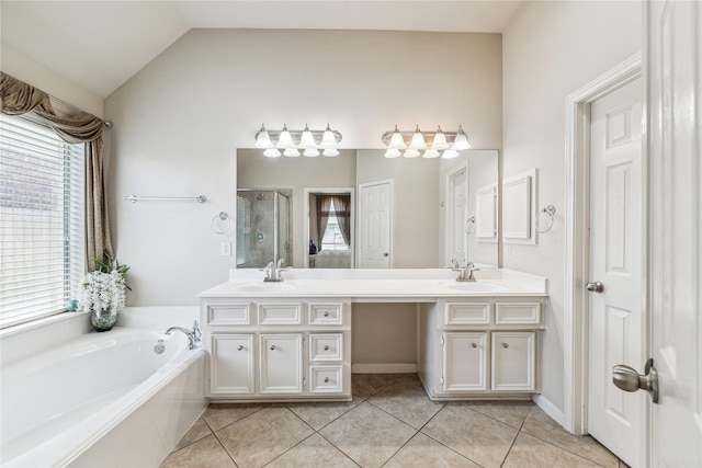 2230 Dali Ln, Missouri City, TX 77459 - full bath featuring a sink, tile patterned floors, double vanity, and a shower stall