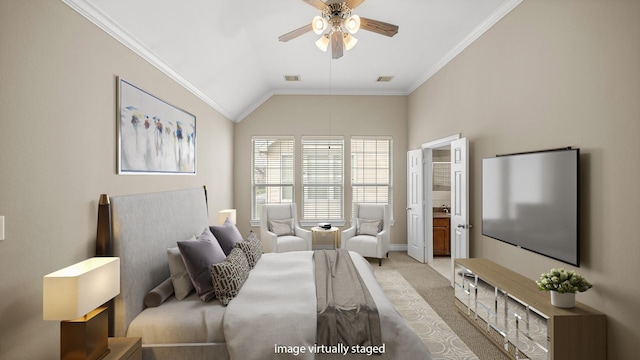 bedroom featuring ornamental molding, light carpet, and visible vents