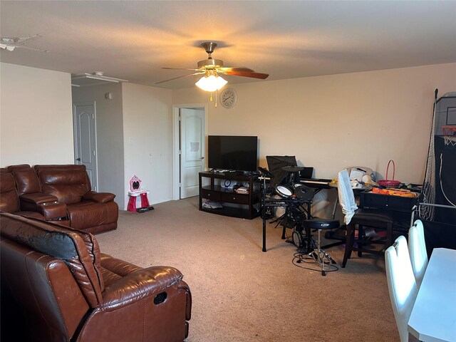 20334 Fossil Valley Ln, Cypress, TX 77433 - living room featuring a ceiling fan, attic access, and carpet floors