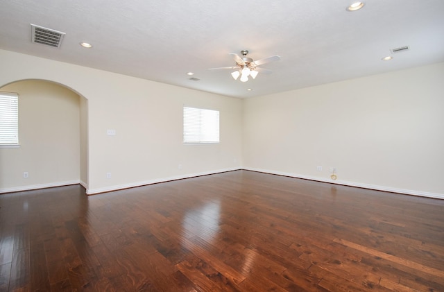 3315 Tulip Ranch Dr, Katy, TX 77494 - unfurnished room featuring a ceiling fan, hardwood / wood-style floors, arched walkways, recessed lighting, and baseboards