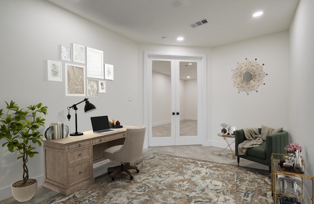 carpeted home office with recessed lighting, visible vents, and french doors