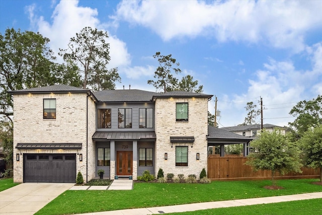 739 Azaleadell Dr, Houston, TX 77018 - view of front of house featuring driveway, a standing seam roof, fence, a front lawn, and a garage