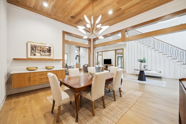 739 Azaleadell Dr, Houston, TX 77018 - dining space with light wood-type flooring, a notable chandelier, stairway, and wood ceiling
