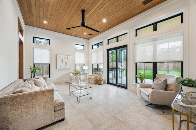 739 Azaleadell Dr, Houston, TX 77018 - living room featuring baseboards, wooden ceiling, ceiling fan, and recessed lighting