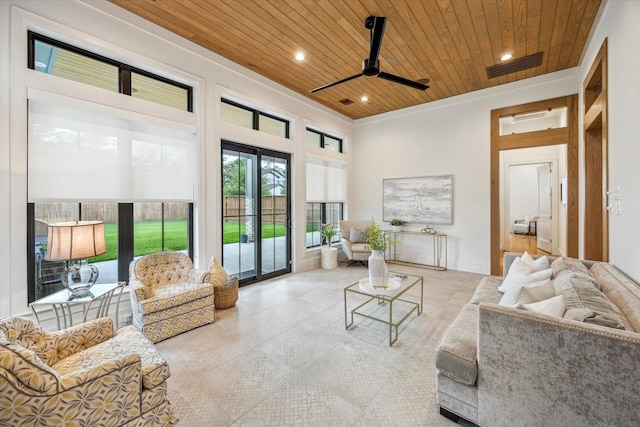 739 Azaleadell Dr, Houston, TX 77018 - living area featuring recessed lighting, wooden ceiling, ceiling fan, and visible vents