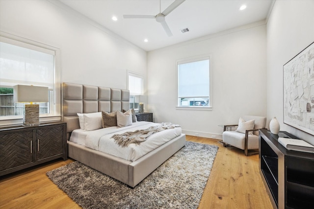 739 Azaleadell Dr, Houston, TX 77018 - bedroom featuring recessed lighting, ceiling fan, crown molding, visible vents, and light wood-style flooring