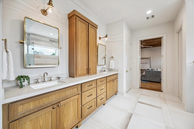 739 Azaleadell Dr, Houston, TX 77018 - bathroom with double vanity, a sink, visible vents, and ensuite bath