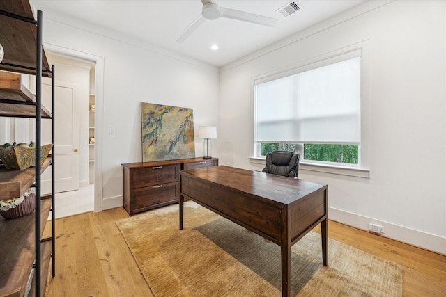 739 Azaleadell Dr, Houston, TX 77018 - office area with baseboards, visible vents, light wood-type flooring, and ceiling fan