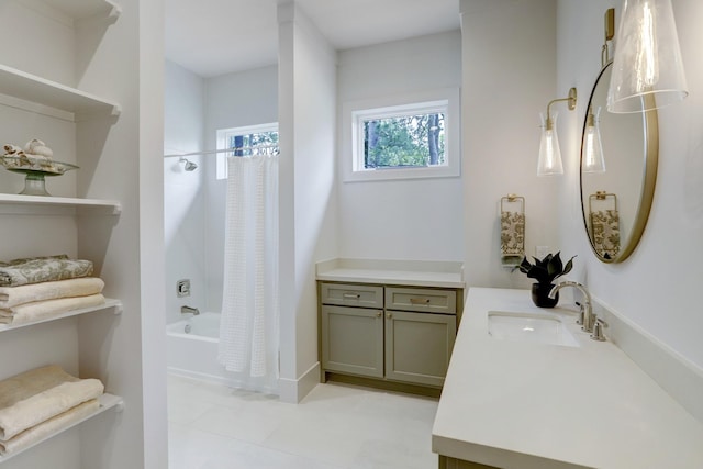 739 Azaleadell Dr, Houston, TX 77018 - bathroom featuring shower / bath combo, tile patterned flooring, and vanity