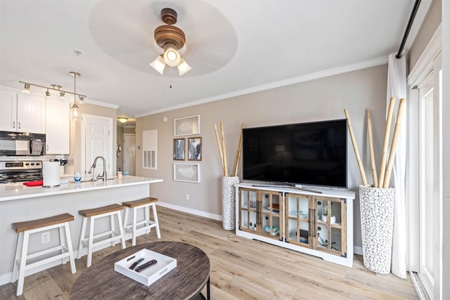 9520 Seawall Blvd Unit 254, Galveston, TX 77554 - living room with ceiling fan, ornamental molding, light wood-style floors, and baseboards