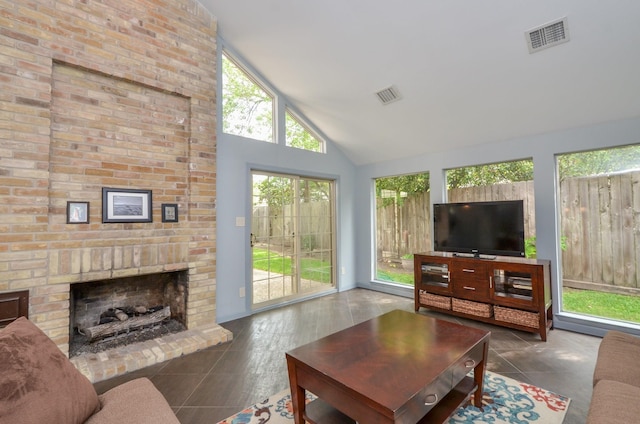 2918 Manila Ln, Houston, TX 77043 - living area featuring a brick fireplace and high vaulted ceiling