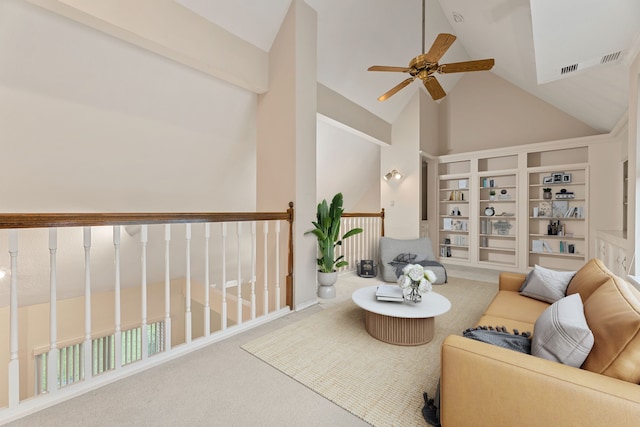 3708 Masters Ct, League City, TX 77573 - carpeted living room featuring a ceiling fan and high vaulted ceiling