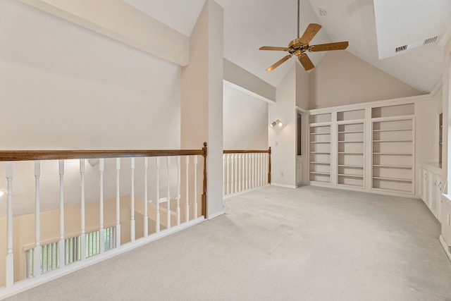 3708 Masters Ct, League City, TX 77573 - spare room featuring ceiling fan, high vaulted ceiling, carpet, and built in features