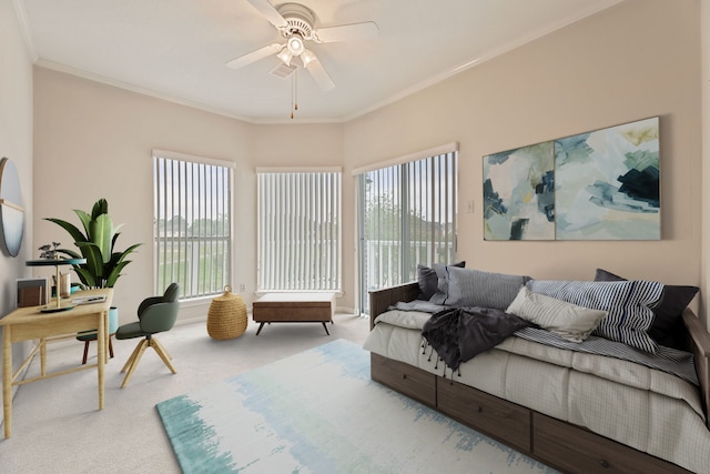 3708 Masters Ct, League City, TX 77573 - living area with carpet, crown molding, and a ceiling fan