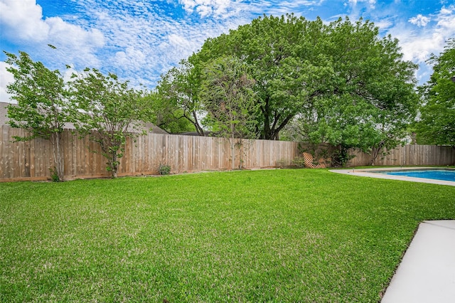 view of yard with a fenced in pool and a fenced backyard