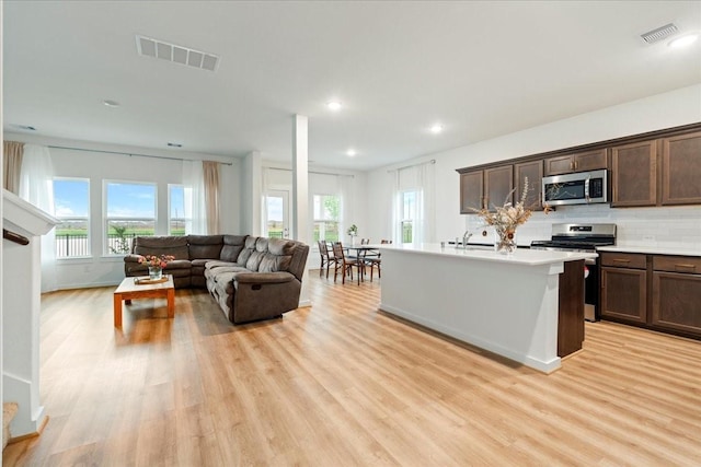 kitchen with light wood-style flooring, visible vents, stainless steel appliances, and backsplash