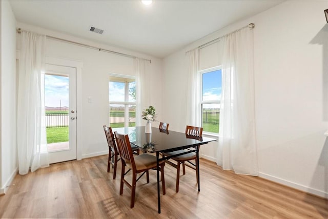 dining space with light wood finished floors, visible vents, and a healthy amount of sunlight