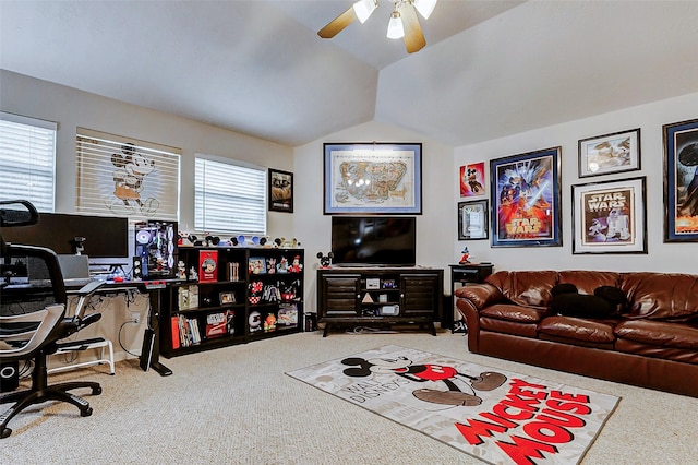 living room with carpet flooring, a ceiling fan, an office area, and lofted ceiling