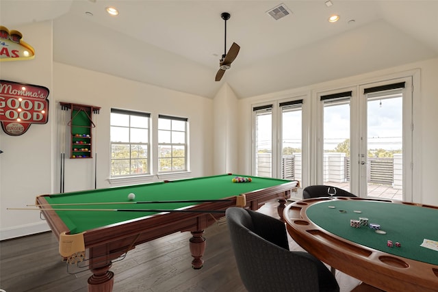 5101 Allen St, Houston, TX 77007 - recreation room with vaulted ceiling, billiards, wood finished floors, ceiling fan, and recessed lighting
