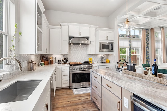 4504 Yupon St, Houston, TX 77006 - kitchen featuring a sink, appliances with stainless steel finishes, under cabinet range hood, plenty of natural light, and beamed ceiling