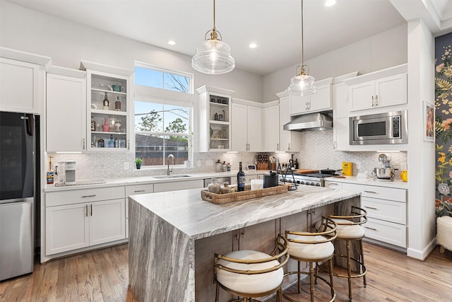 4504 Yupon St, Houston, TX 77006 - kitchen with appliances with stainless steel finishes, a sink, under cabinet range hood, white cabinets, and light wood-style flooring