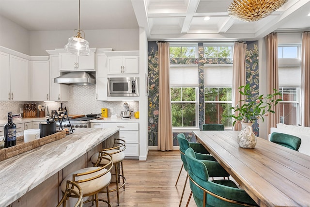 4504 Yupon St, Houston, TX 77006 - kitchen featuring under cabinet range hood, stainless steel microwave, plenty of natural light, white cabinetry, and coffered ceiling
