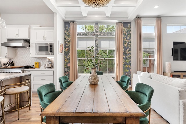 4504 Yupon St, Houston, TX 77006 - dining room featuring light wood-type flooring, beam ceiling, healthy amount of natural light, recessed lighting, and coffered ceiling