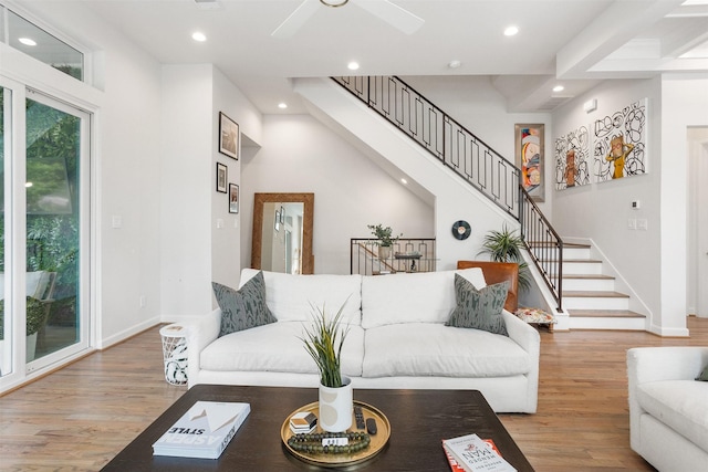 4504 Yupon St, Houston, TX 77006 - living room featuring wood finished floors, recessed lighting, baseboards, stairs, and a ceiling fan