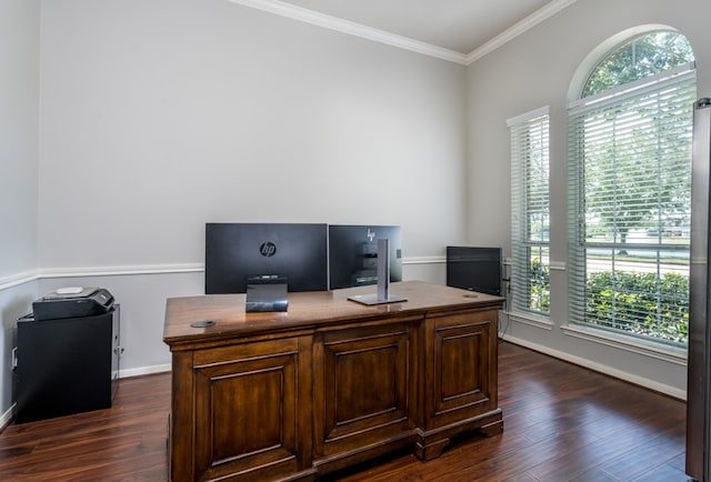 office space with healthy amount of natural light, dark wood-style floors, ornamental molding, and baseboards
