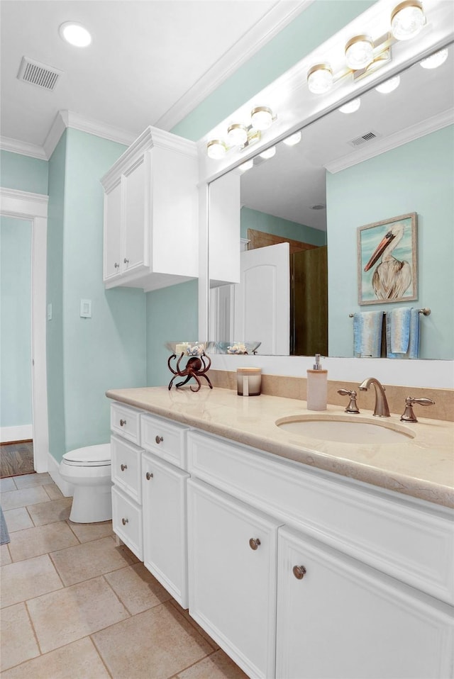 20710 E Sunset Bay Dr, Galveston, TX 77554 - bathroom with ornamental molding, visible vents, toilet, and vanity
