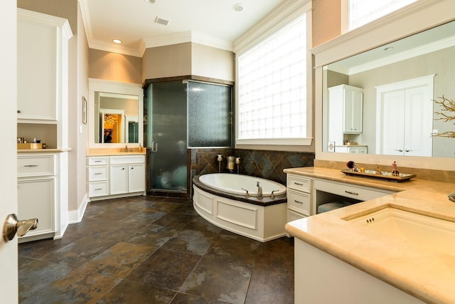 20710 E Sunset Bay Dr, Galveston, TX 77554 - bathroom with a sink, crown molding, a garden tub, and visible vents