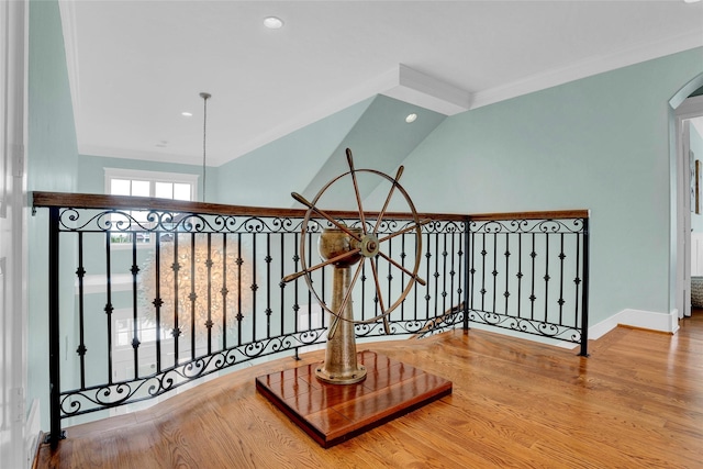 20710 E Sunset Bay Dr, Galveston, TX 77554 - corridor with an upstairs landing, baseboards, wood finished floors, recessed lighting, and arched walkways