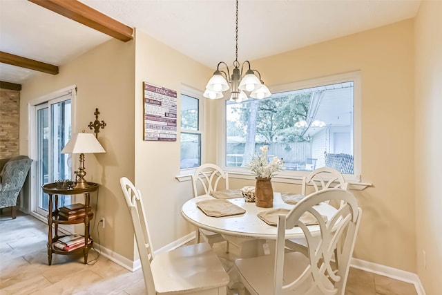 18210 Point Lookout Dr, Houston, TX 77058 - dining space with a chandelier, baseboards, beam ceiling, and light tile patterned flooring