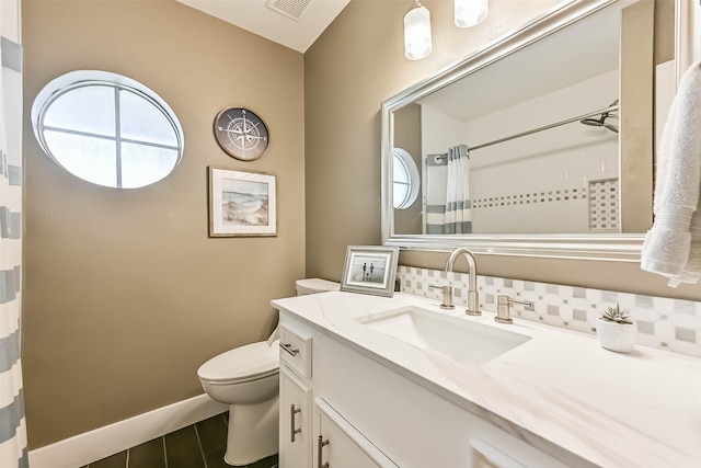 18210 Point Lookout Dr, Houston, TX 77058 - bathroom featuring toilet, vanity, tile patterned flooring, a shower with curtain, and baseboards