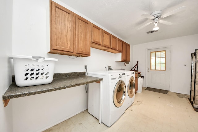 3810 Peters San Felipe Rd, Sealy, TX 77474 - laundry room with independent washer and dryer, visible vents, a ceiling fan, and cabinet space