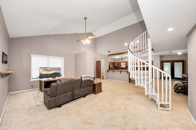 3810 Peters San Felipe Rd, Sealy, TX 77474 - living area with stairs, carpet flooring, baseboards, and a ceiling fan
