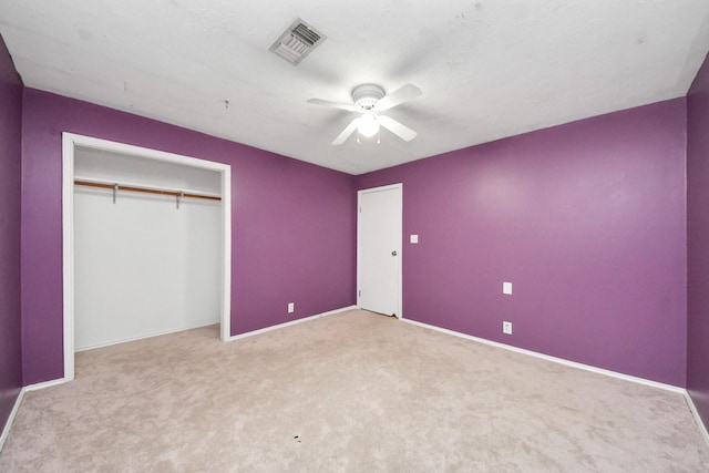 3810 Peters San Felipe Rd, Sealy, TX 77474 - unfurnished bedroom with visible vents, baseboards, a closet, a ceiling fan, and carpet