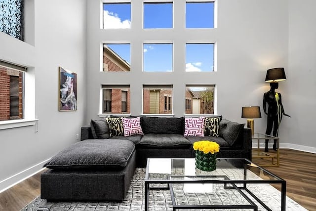living area with baseboards, wood finished floors, and a towering ceiling