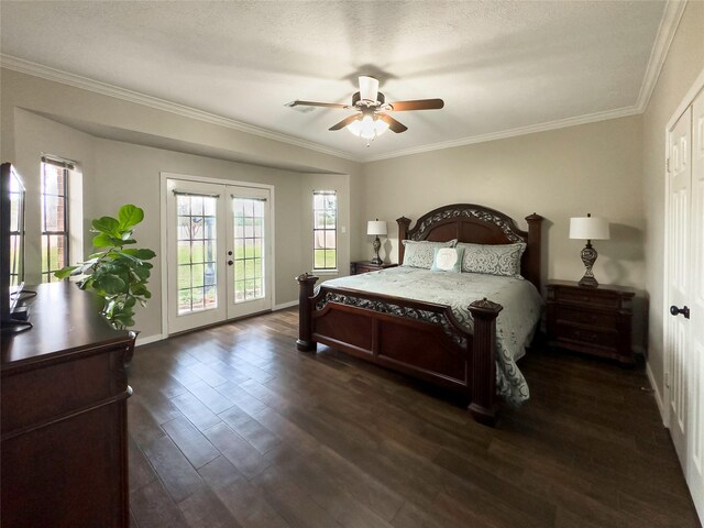 2202 Canterbury Ct, Deer Park, TX 77536 - bedroom with french doors, access to exterior, dark wood-style floors, ornamental molding, and baseboards