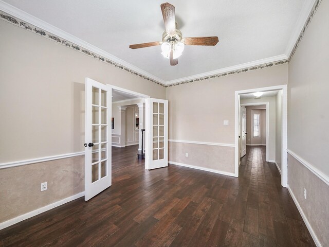 2202 Canterbury Ct, Deer Park, TX 77536 - spare room with french doors, wood finished floors, a ceiling fan, crown molding, and baseboards