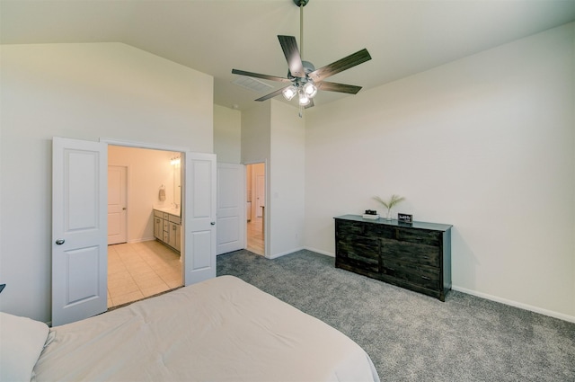 12006 Wooden Mill Ln, Santa Fe, TX 77510 - bedroom with high vaulted ceiling, connected bathroom, a ceiling fan, carpet floors, and baseboards