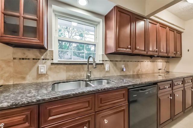 10607 Longmont Dr, Houston, TX 77042 - kitchen featuring black dishwasher, a sink, decorative backsplash, and dark stone counters