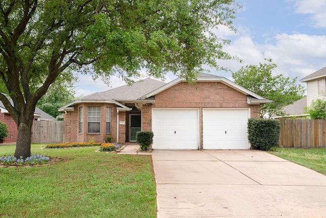 ranch-style house featuring brick siding, concrete driveway, fence, and a front lawn