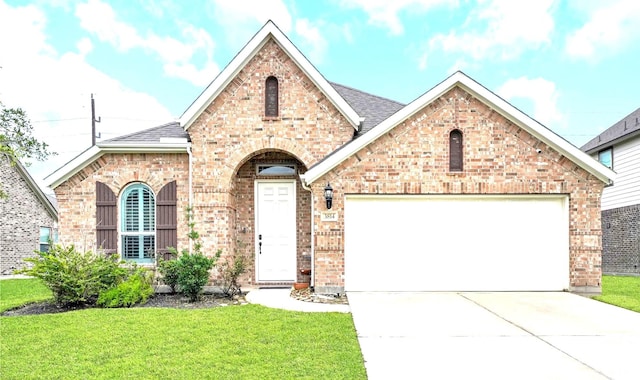 3814 W Vicksburg Estates Dr, Missouri City, TX 77459 - french country inspired facade with brick siding, a front yard, a shingled roof, and concrete driveway