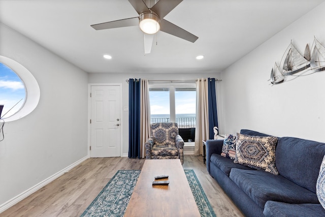 7600 Seawall Blvd Unit 214, Galveston, TX 77551 - living room featuring light wood-style floors, recessed lighting, and a ceiling fan
