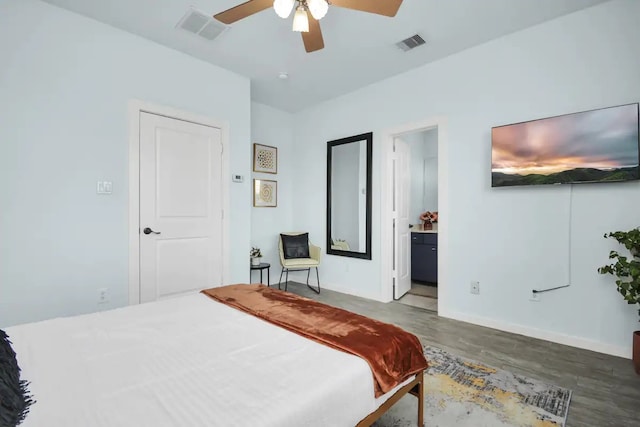 bedroom with baseboards, visible vents, wood finished floors, and ceiling fan
